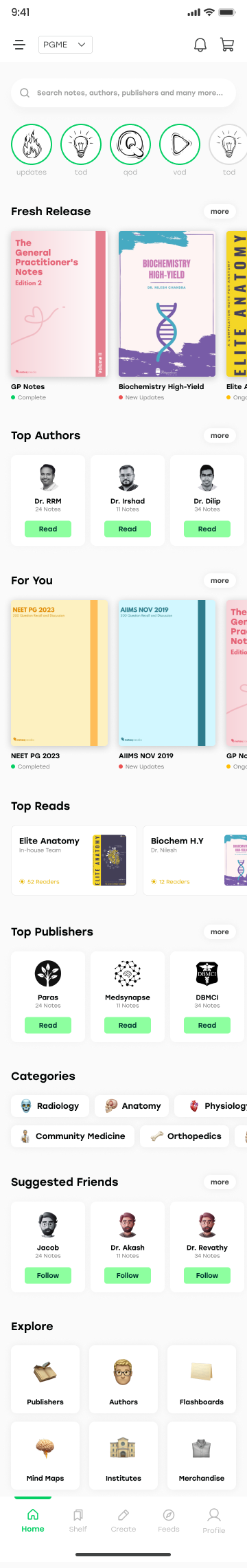 Complete Notespaedia app home screen from the original Figma design